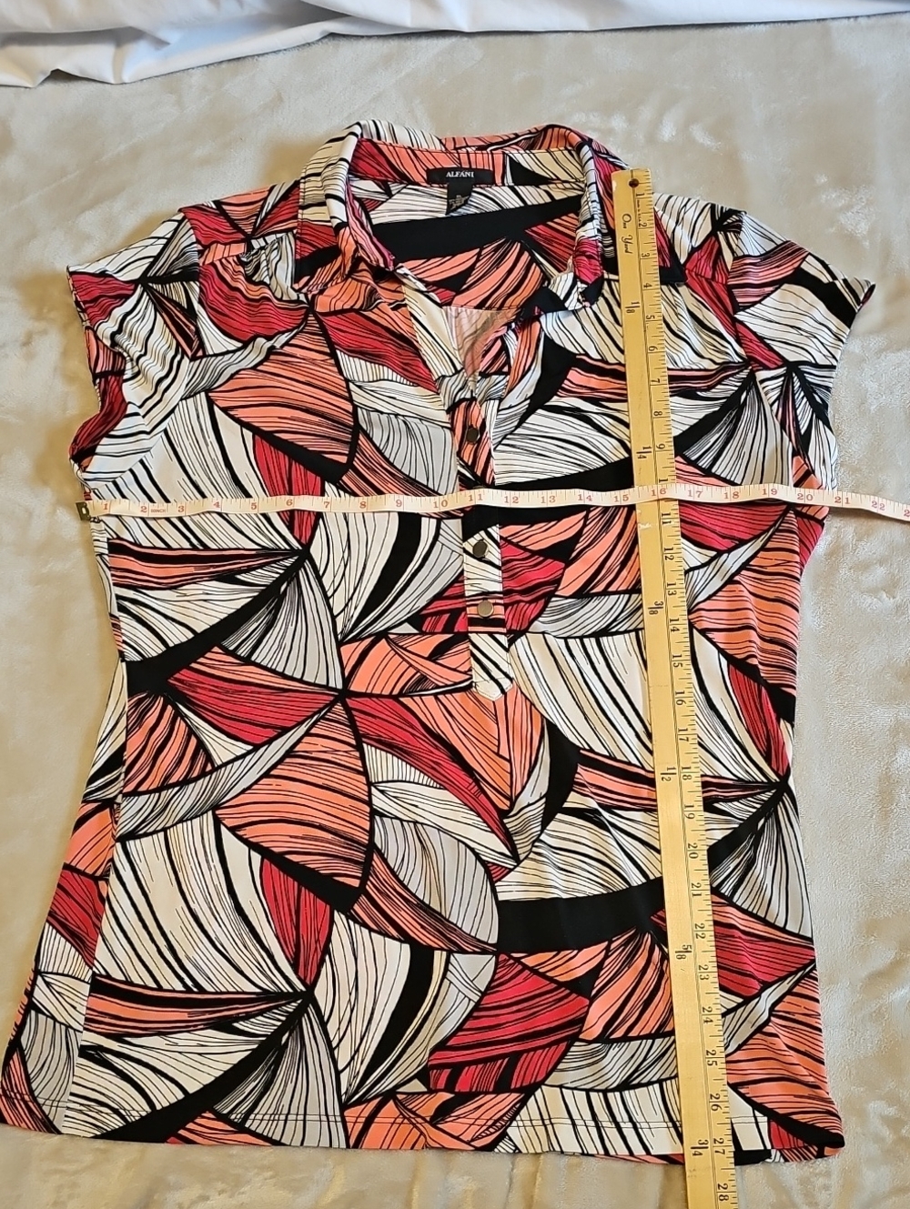 Alfani Multicolor Coral, Black & White Patterned Half Button-Down Top